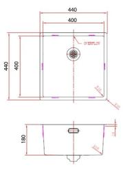 Pure.Sink Comfort Évier en acier inoxydable 40 x 40 cm, rayon de 10 mm, pour montage sous plan, à fleur de plan et en applique PCM4040-02