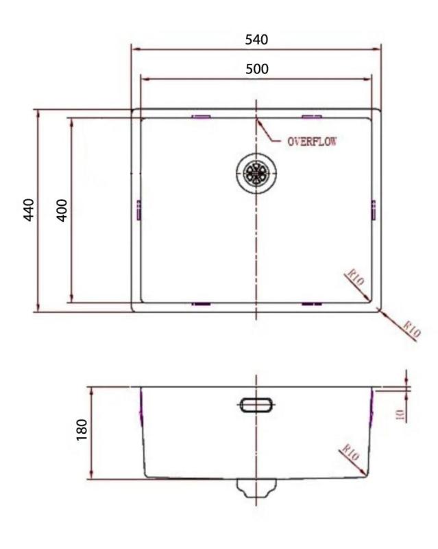 Pure.Sink Comfort Évier doré PVD 50 x 40 cm, rayon de 10 mm, pour encastrement sous plan, à fleur de plan et en applique PCM5040-60