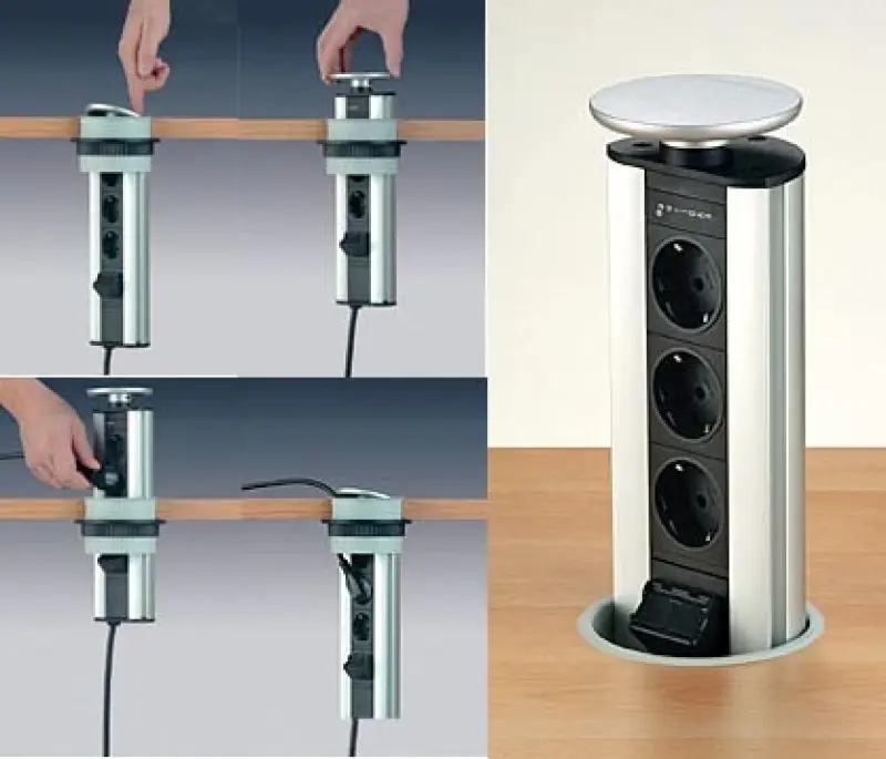 EVOline Port 3 prises de terre rétractable couvercle argenté, Mise à la terre de type E