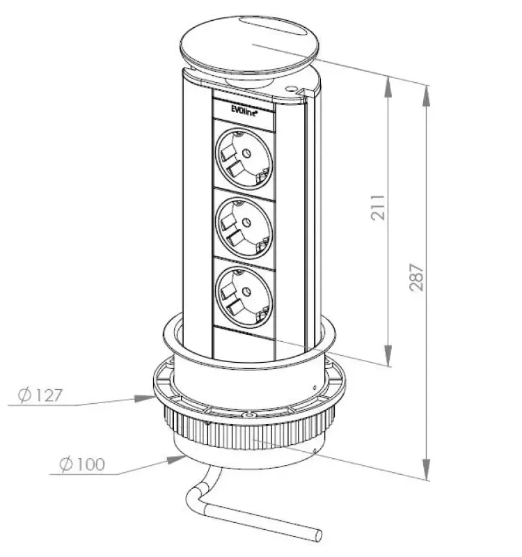 EVOline Port 3 prises de terre rétractable couvercle argenté, Mise à la terre de type E