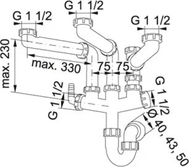 Franke Spazio 3 siphon de cuisine peu encombrant pour 3 cuves d'évier 6213